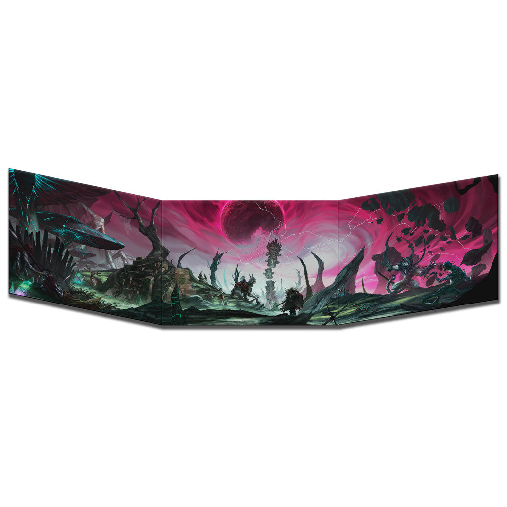 A multi-panel game screen shows a dark fantasy landscape under a red moon, with warriors facing monstrous creatures