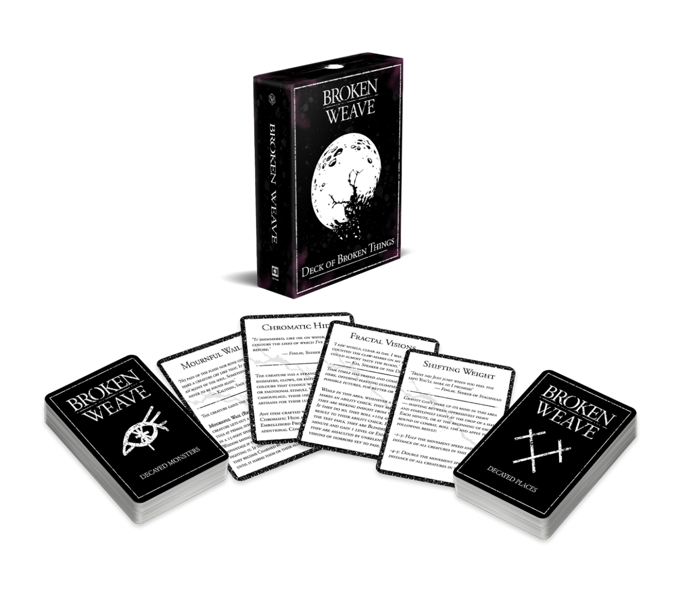 A "Broken Weave" card game box with a cracked moon, fanned cards, and two decks: "Decayed Monsters" and "Decayed Places"