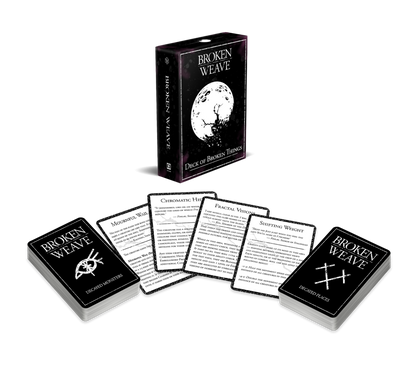 A "Broken Weave" card game box with a cracked moon, fanned cards, and two decks: "Decayed Monsters" and "Decayed Places"
