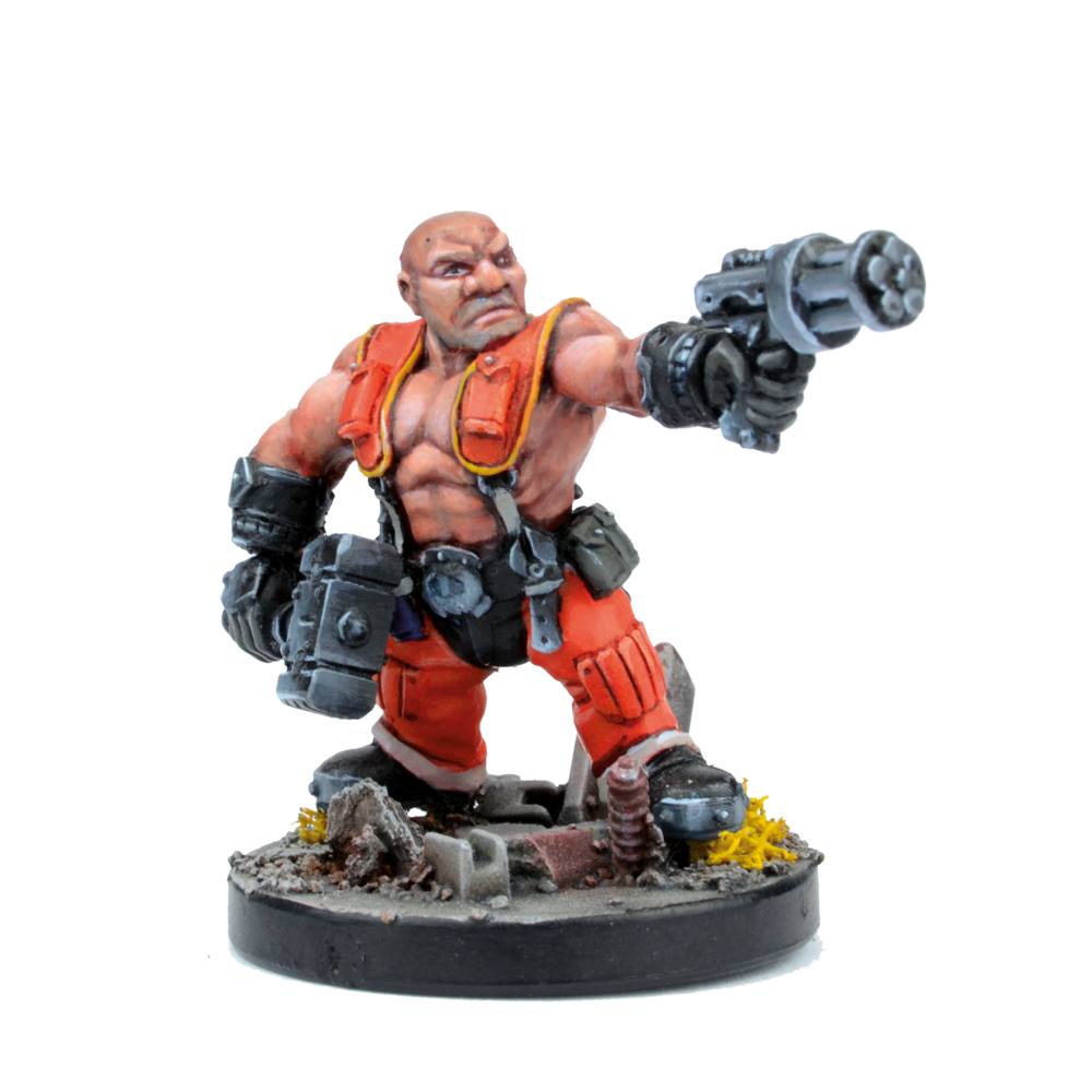 Painted sci-fi miniature of a bald, muscular man in orange, pointing a large futuristic gun forward