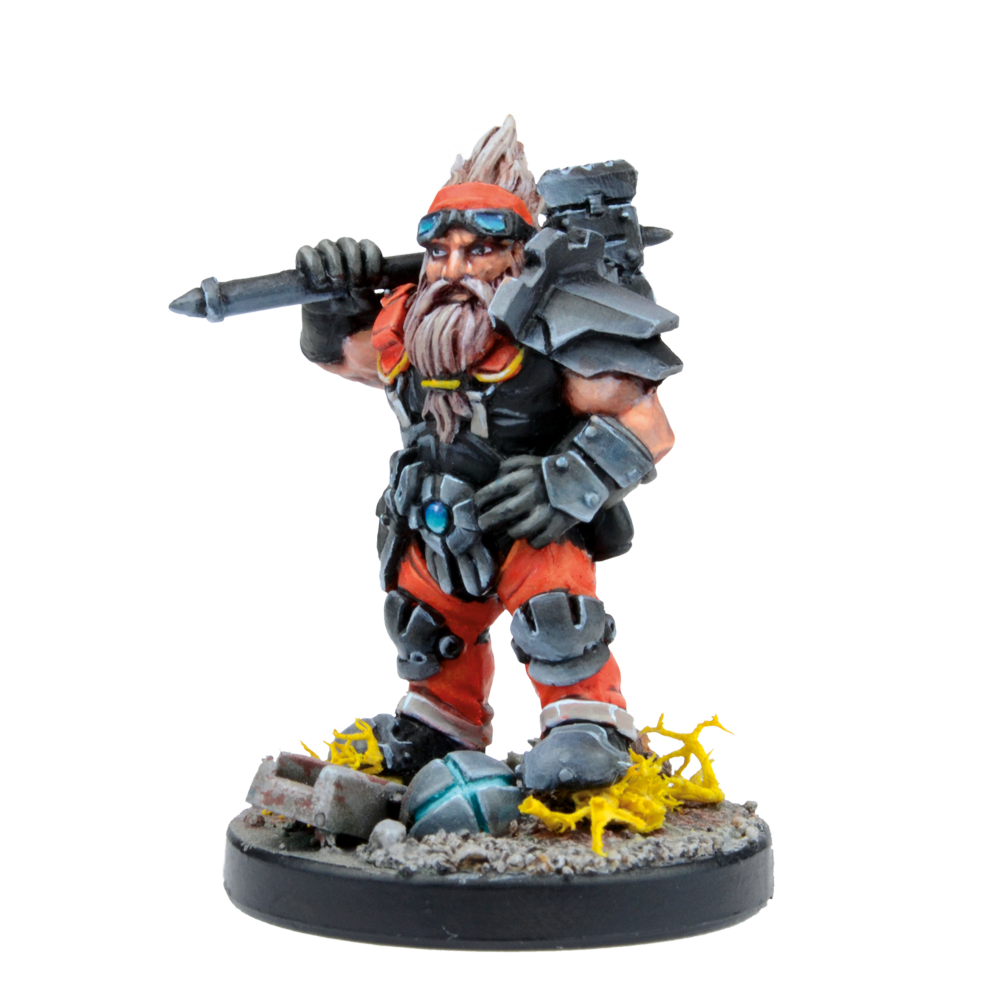 Painted fantasy miniature of a bearded, armored dwarf with goggles, holding a hammer over his shoulder