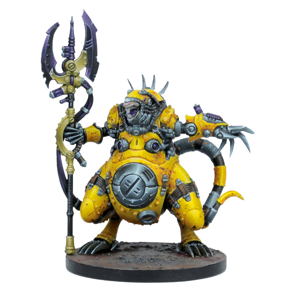 A stout yellow armored sci-fi creature miniature, holding an ornate staff and with a mechanical claw arm