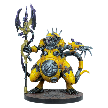 A stout yellow armored sci-fi creature miniature, holding an ornate staff and with a mechanical claw arm