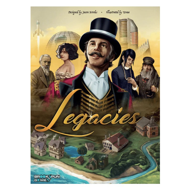 Legacies game cover, central man in top hat & mustache, with figures and landscapes spanning historical towns to futuristic rockets