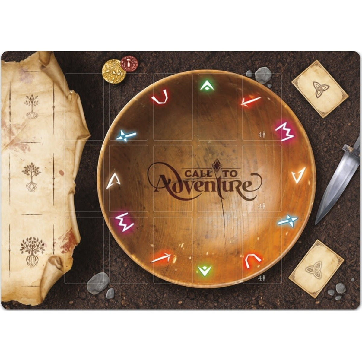 A &quot;Call to Adventure&quot; board game playmat. Features a round board with glowing runes, a scroll, cards, coins, and a dagger