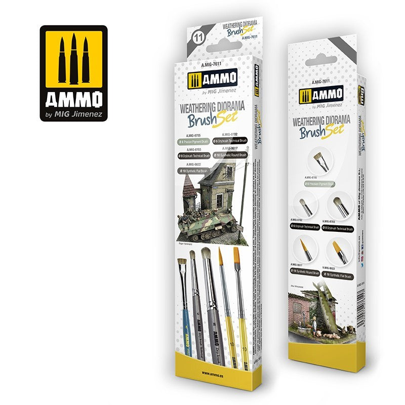 Two AMMO by MIG Jimenez Weathering Diorama Brush Set boxes, displaying brushes and diorama scenes