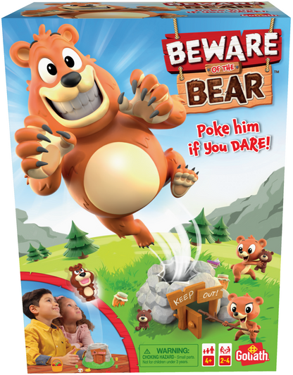 Beware of The Bear board game box cover featuring a large, menacing cartoon bear with bared teeth and sharp claws leaps forward