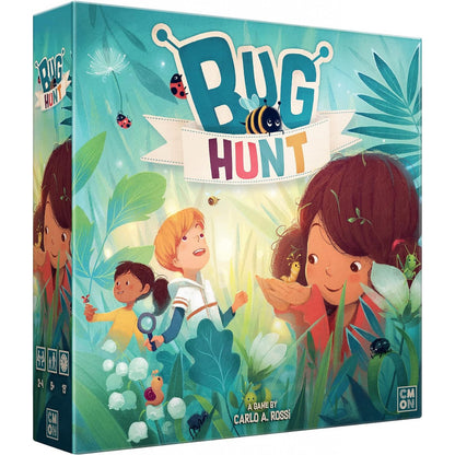 Bug Hunt kids' board game box with cartoon children exploring a vibrant green forest girl holding a caterpillar boy with magnifying glass and ladybugs with a honeybee around the Bug Hunt title