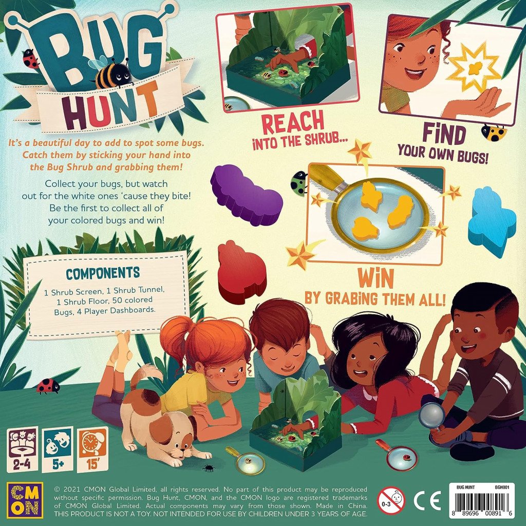 Bug Hunt board game for kids showing a busy game scene with four children playing colorful bug pieces and game components displayed