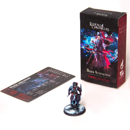 Bushi Attendant miniature figure in samurai armor, holding a bow, displayed with its Eldfall Chronicles game box and character card