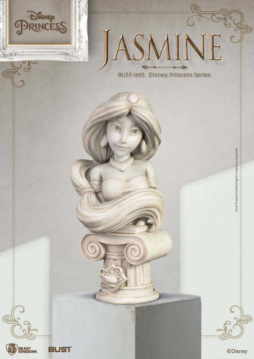 Jasmine bust statue from Disney Princess Series detailed ivory colored sculpture on column base