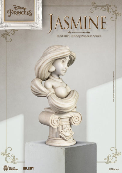 White resin bust of Disney Princess Jasmine from Aladdin styled in the classic Greek sculpture tradition