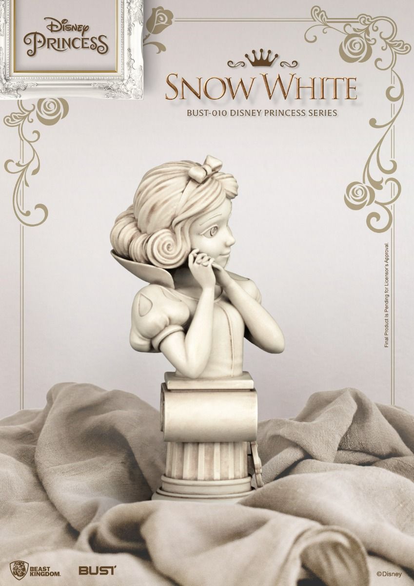 Side view of Snow White bust highlighting facial features and collar