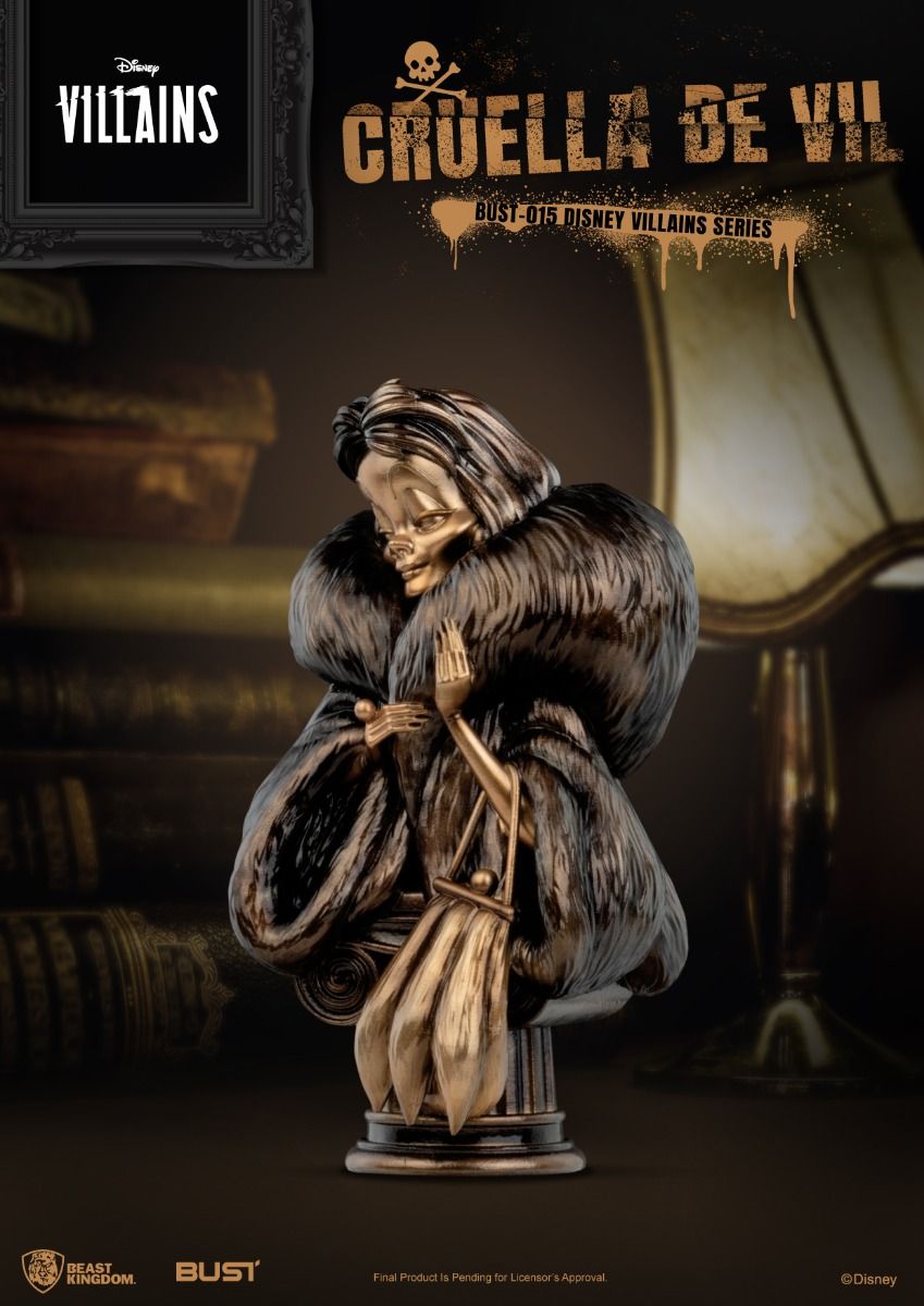 Side view of Cruella bust showing sharp features and sinister expression