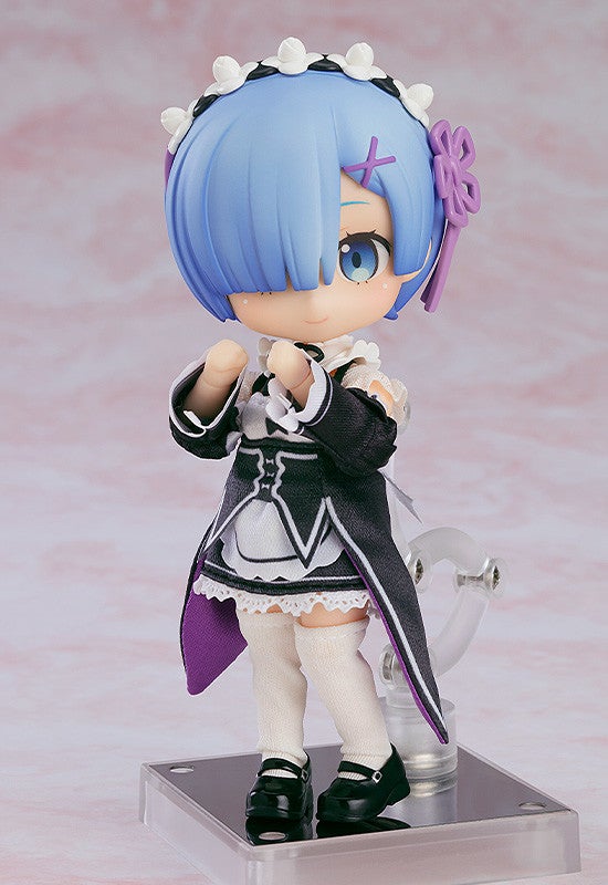 Rear view of Nendoroid Doll Rem showing the back of her outfit and detachable parts