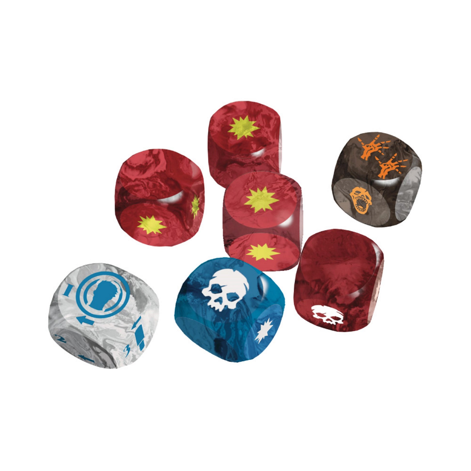 Seven assorted gaming dice in red, blue, gray, and brown, featuring symbols like starbursts, skulls, hands, and numbers.