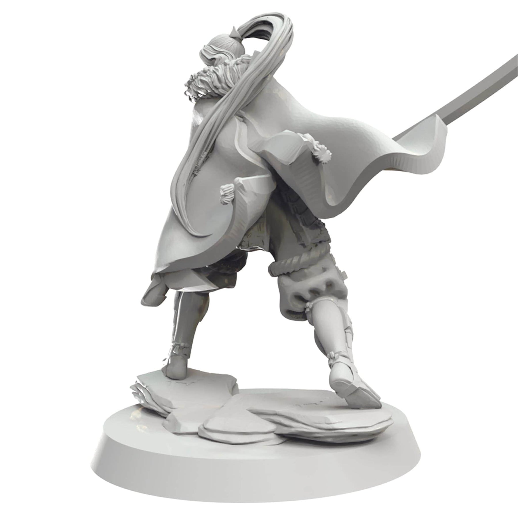 Unpainted grey miniature of a warrior with a flowing cape and long hair, dynamically swinging a large sword