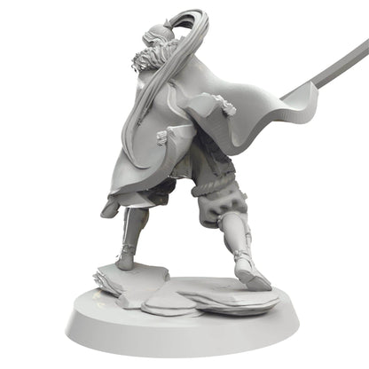 Unpainted grey miniature of a warrior with a flowing cape and long hair, dynamically swinging a large sword
