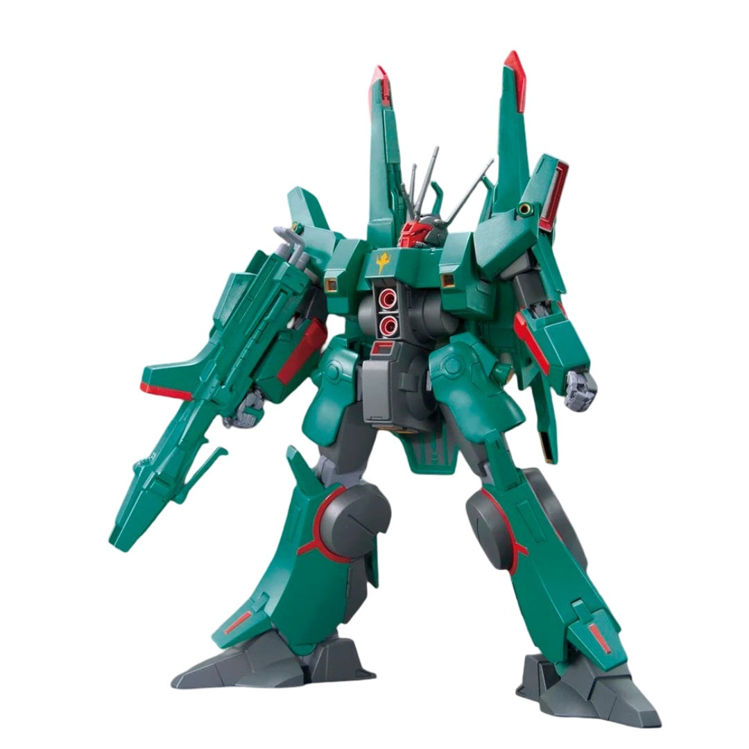 Dark green mobile suit model kit standing aggressively, armed with a large rifle