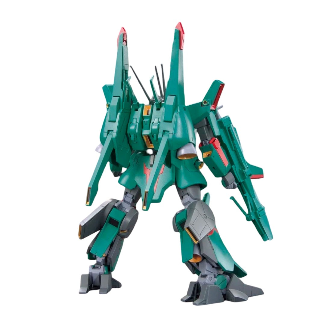 Dark green Mobile Suit model (mecha) with twin vertical stabilizers and a rifle, posed on white
