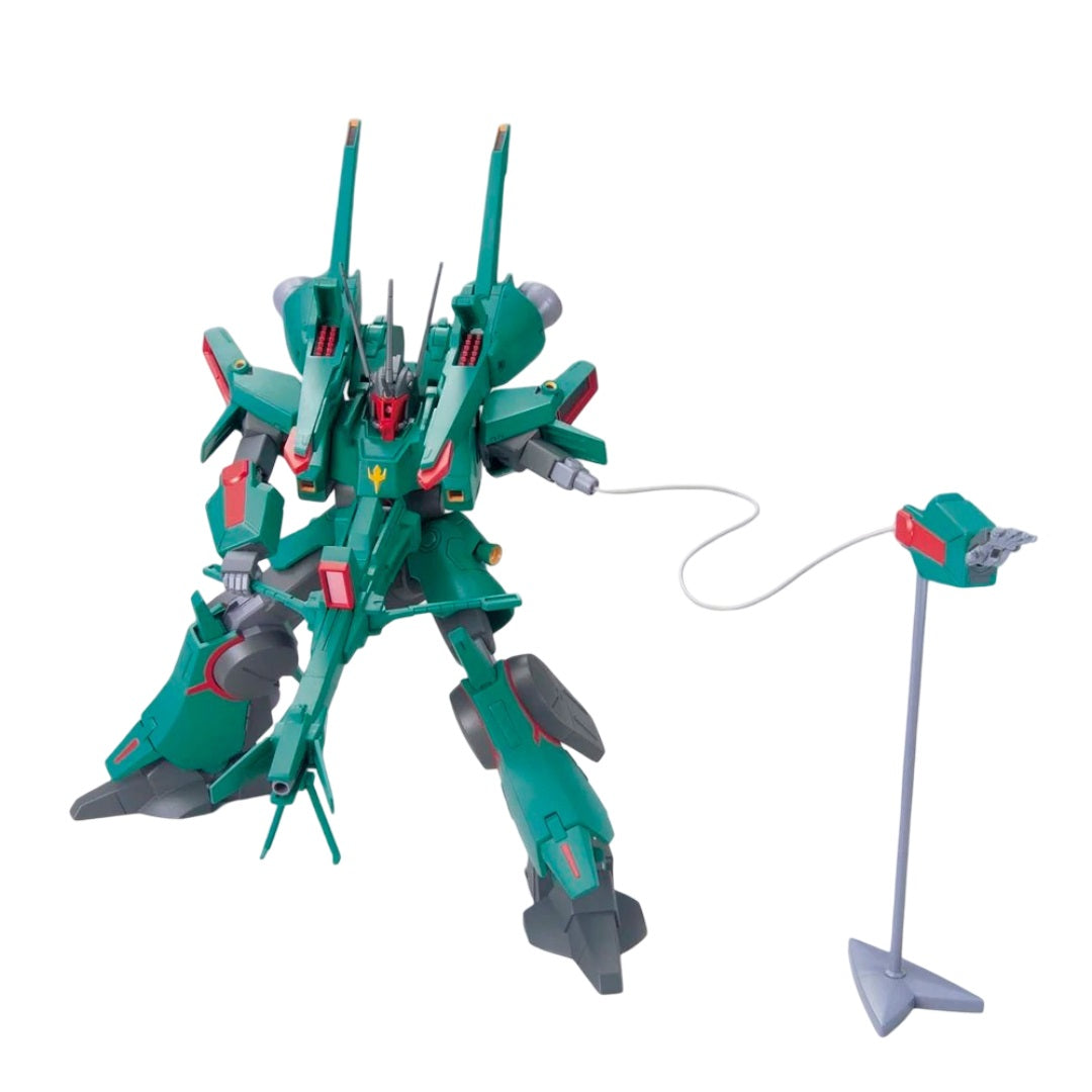 Green mecha model kit posed dynamically, the mobile suit is tethered by a wire to a floating remote weapon accessory