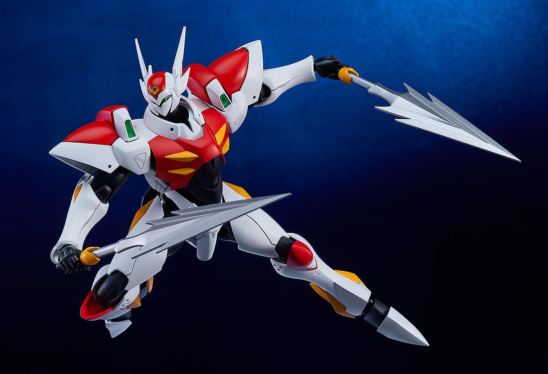 White, red, and yellow mech figure in a dynamic pose, wielding two silver spears