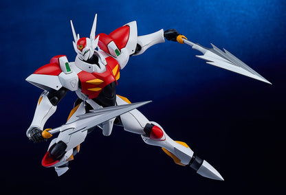 White, red, and yellow mech figure in a dynamic pose, wielding two silver spears