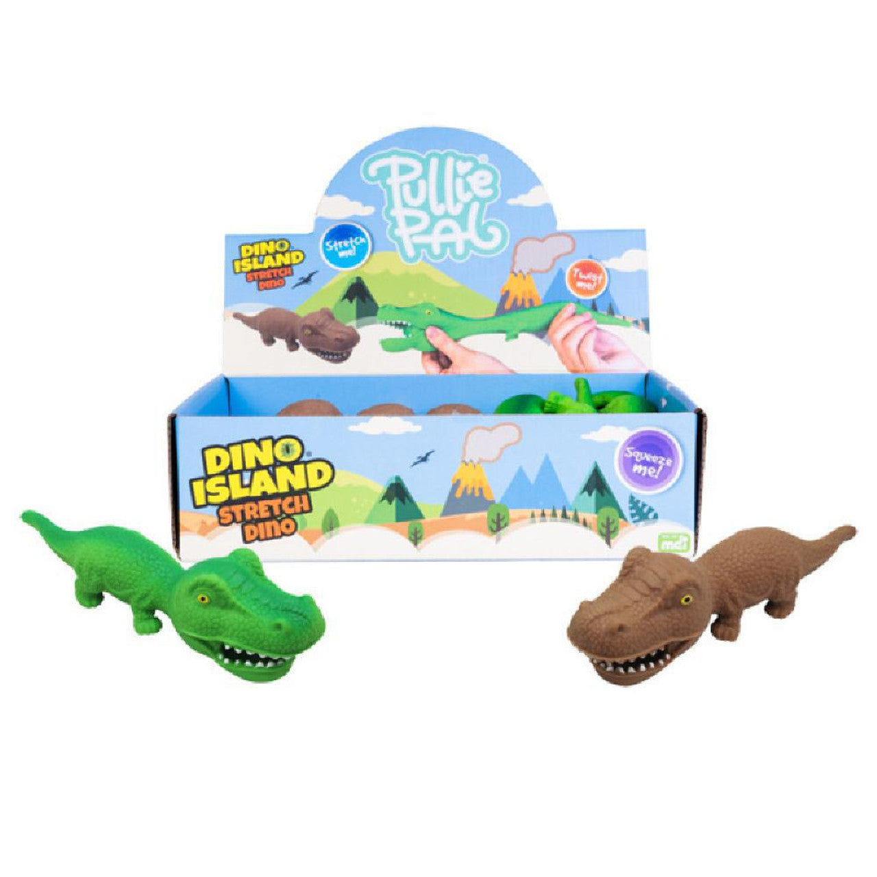 Green and brown stretchable dinosaur toys (T-Rex figures) displayed with the "Dino Island" retail box