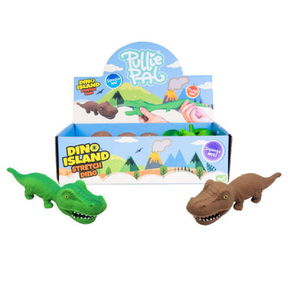 Green and brown stretchable dinosaur toys (T-Rex figures) displayed with the "Dino Island" retail box