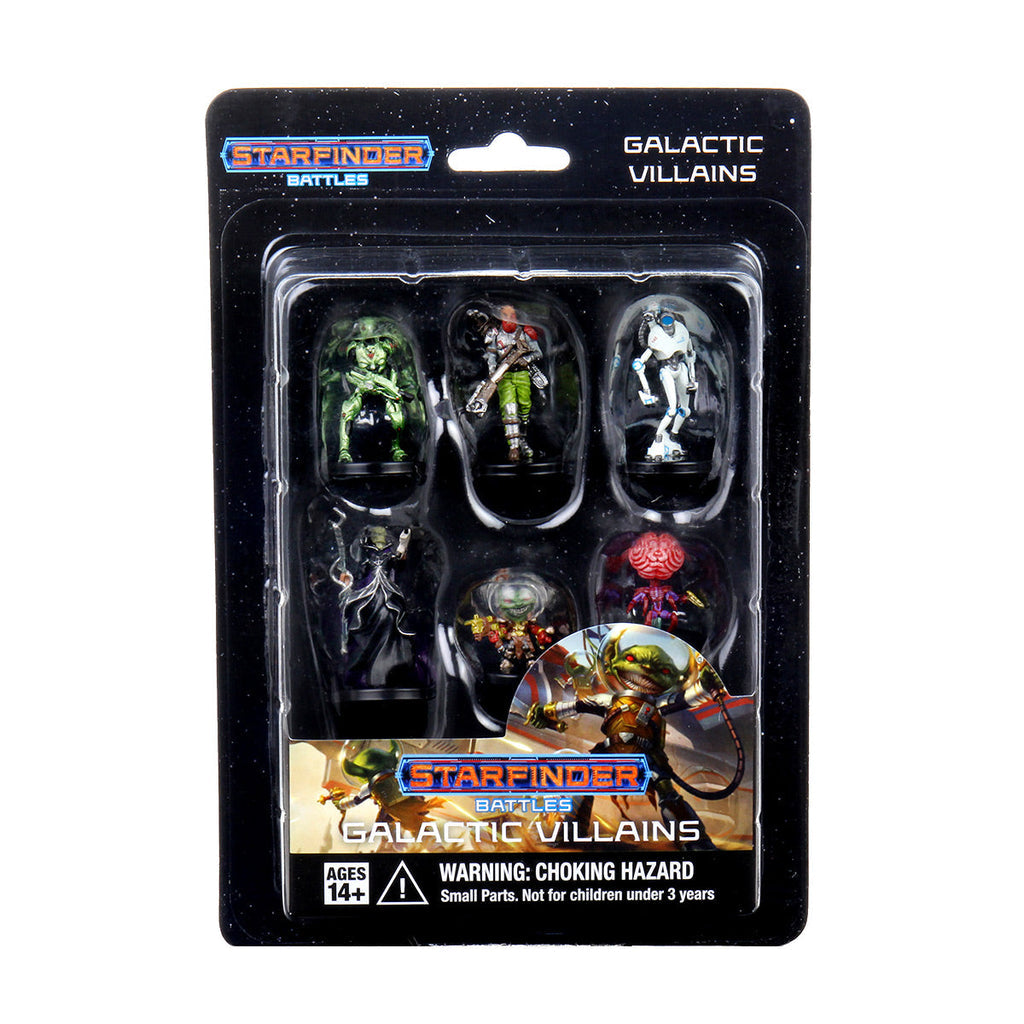 Starfinder Battles Galactic Villains set with six colorful, distinct alien miniatures visible in blister packaging