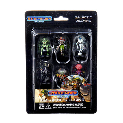 Starfinder Battles Galactic Villains set with six colorful, distinct alien miniatures visible in blister packaging