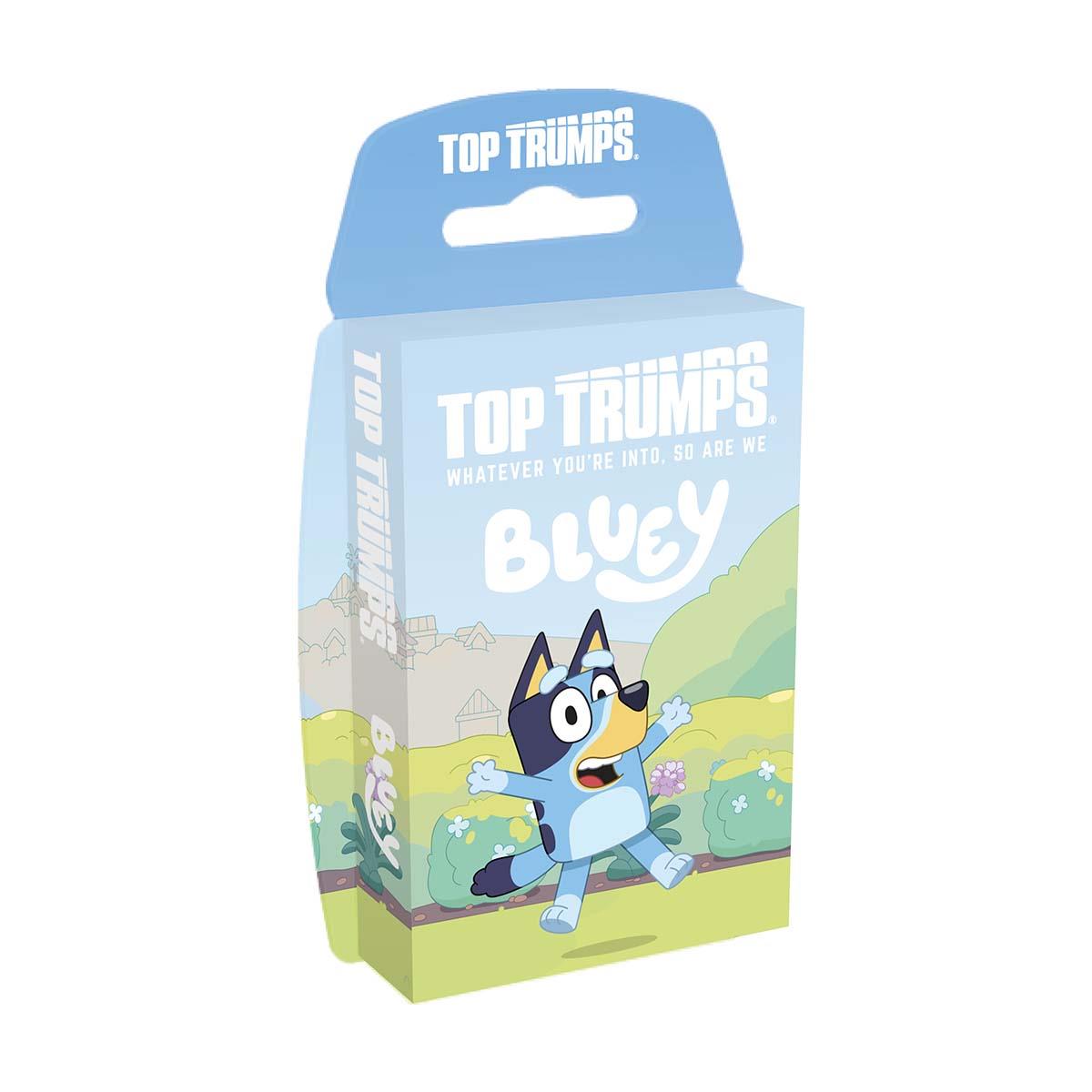 Top Trumps Bluey card game pack featuring Bluey the dog character on the front light blue with 'Whatever you're into so are we' text