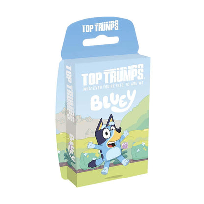 Top Trumps Bluey card game pack featuring Bluey the dog character on the front light blue with 'Whatever you're into so are we' text