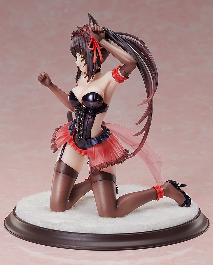 Figurine of a female character with cat ears, black corset, red skirt, kneeling on a white fur base, hands raised