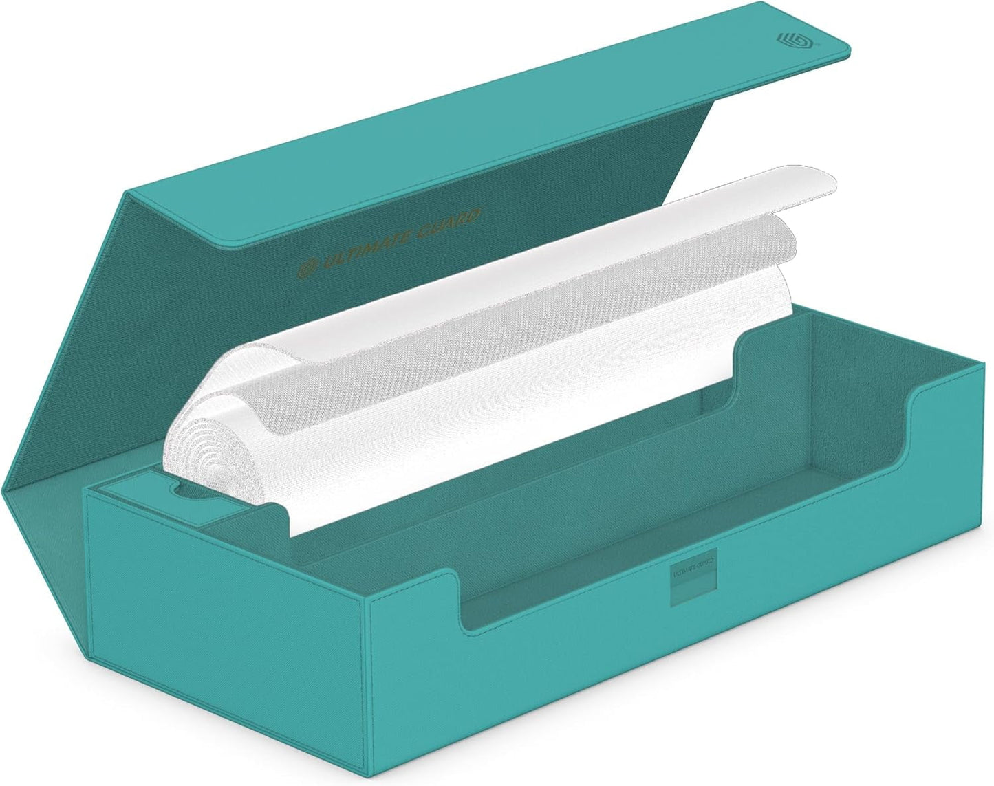 Teal magnetic storage box open, showing rolled white accessory material inside
