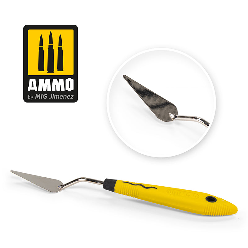 Ammo by MIG Jimenez drop-shape large palette knife with a pointed stainless steel blade and ergonomic yellow and black handle perfect for mixing paints and modeling compounds