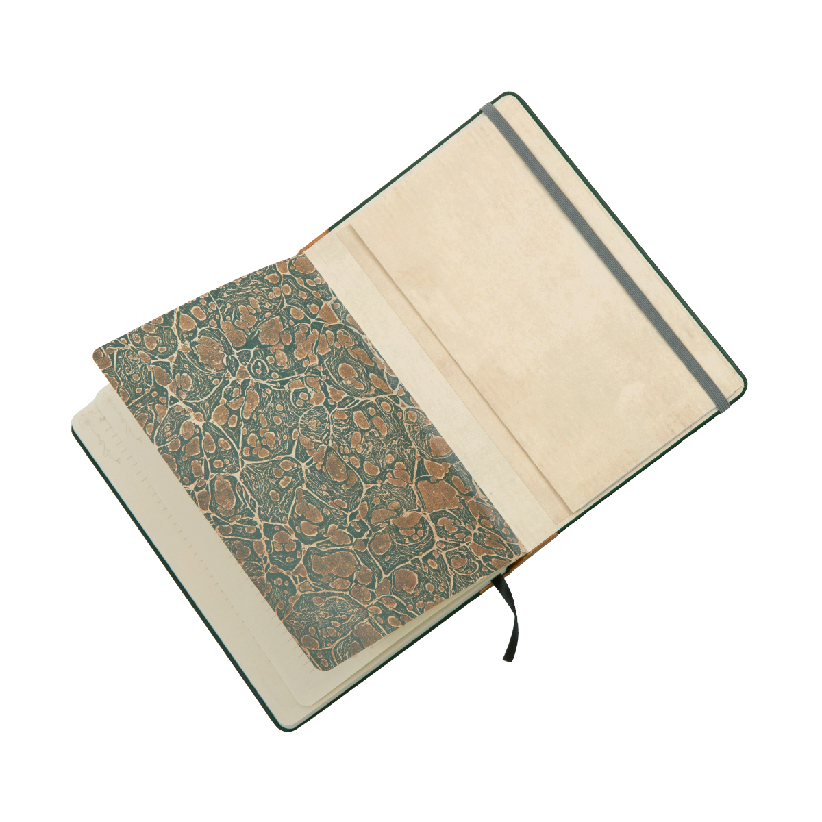 An open green &quot;Candela Obscura Investigator&#39;s Journal&quot;. Features a marbled green and brown pattern on the inside cover, cream pages, an elastic band, ribbon bookmark, and back pocket