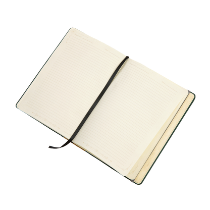 A dark green "Candela Obscura Investigator's Journal" lies open, showing cream-coloured lined pages, a black ribbon bookmark, and 'Assignment'/'Date' fields