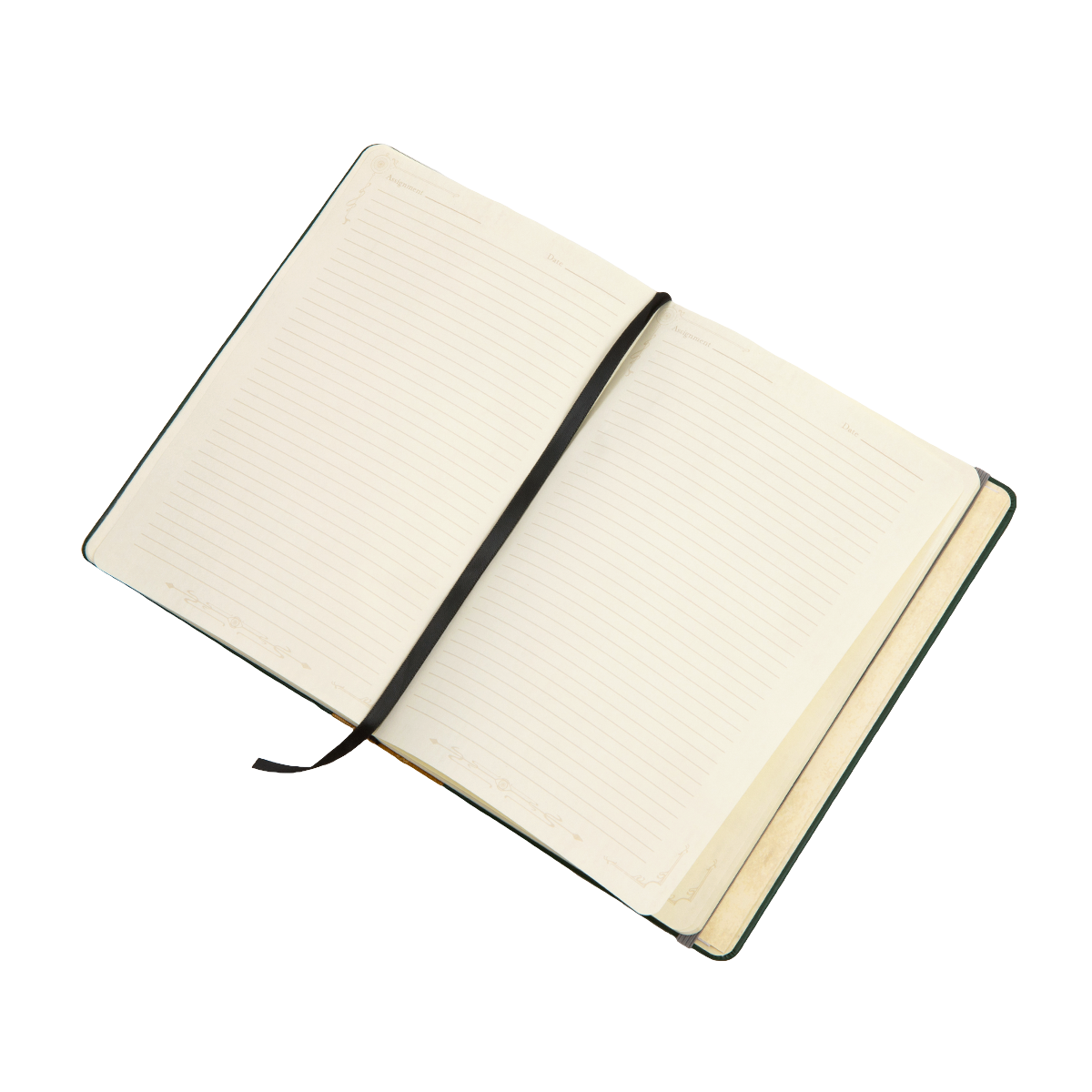 A dark green &quot;Candela Obscura Investigator&#39;s Journal&quot; lies open, showing cream-coloured lined pages, a black ribbon bookmark, and &#39;Assignment&#39;/&#39;Date&#39; fields