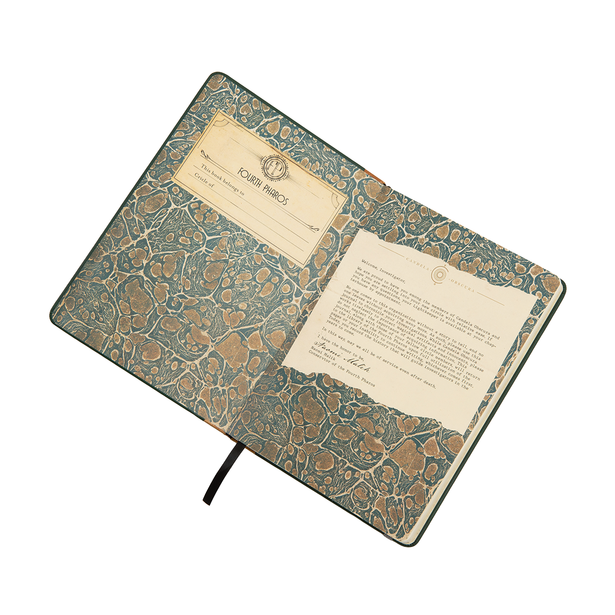 An open journal reveals teal and gold marbled lining. Left: &quot;Fourth Pharos&quot; label. Right: &quot;Welcome, Investigator&quot; text insert