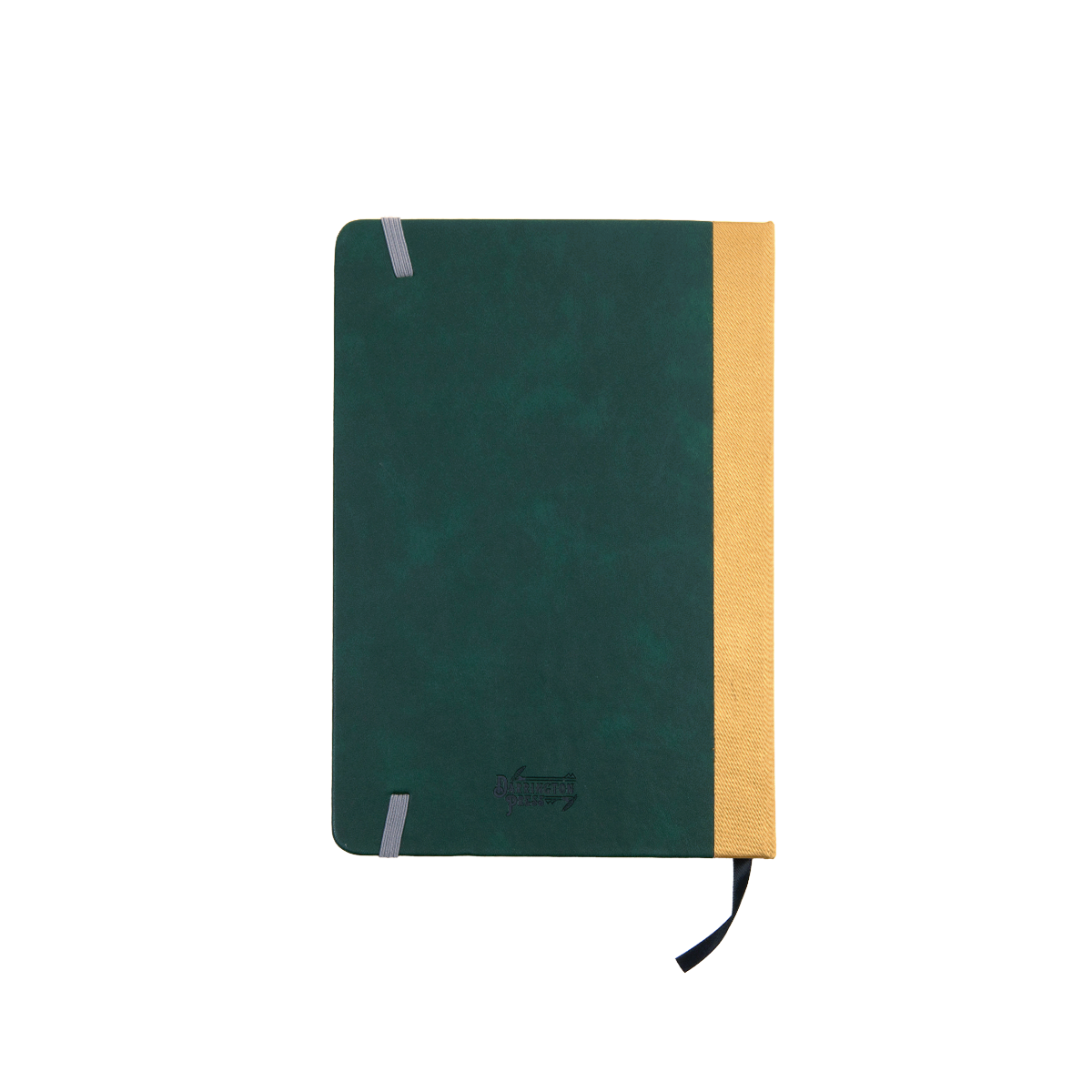 Dark green &quot;Candela Obscura Investigator&#39;s Journal&quot; with yellow fabric spine, grey elastic band, bookmark, and embossed logo