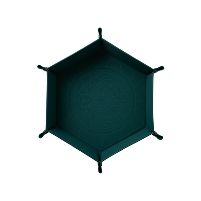 Dark green hexagonal dice tray with an intricate embossed geometric pattern on its base, viewed from above