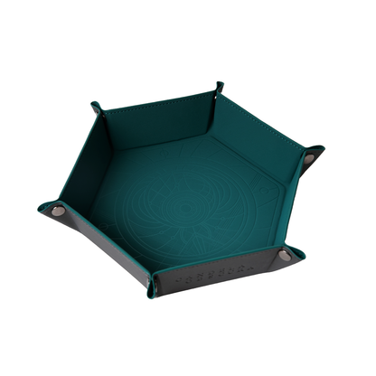 Hexagonal leather dice tray with dark teal interior, embossed geometric pattern, and dark grey exterior