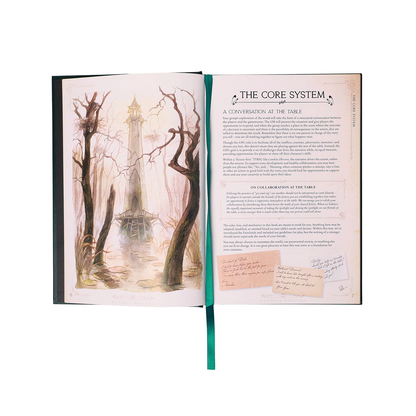 Open Candela Obscura RPG rulebook: Left has an eerie tower in a misty swamp, right has 'THE CORE SYSTEM' text & handwritten notes