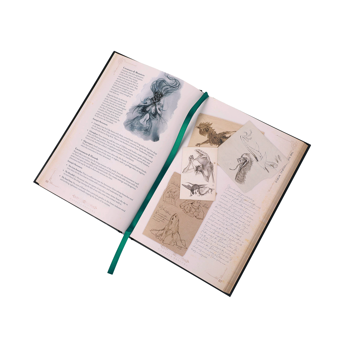 Open fantasy bestiary rulebook with a green bookmark. Left: ghostly figure art & text. Right: several creature sketches