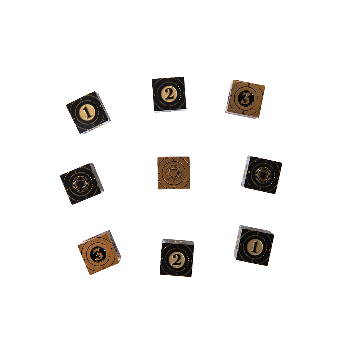 Nine black and bronze cubes showing gold and black numbers 1, 2, 3, and circular patterns, arranged in a circle