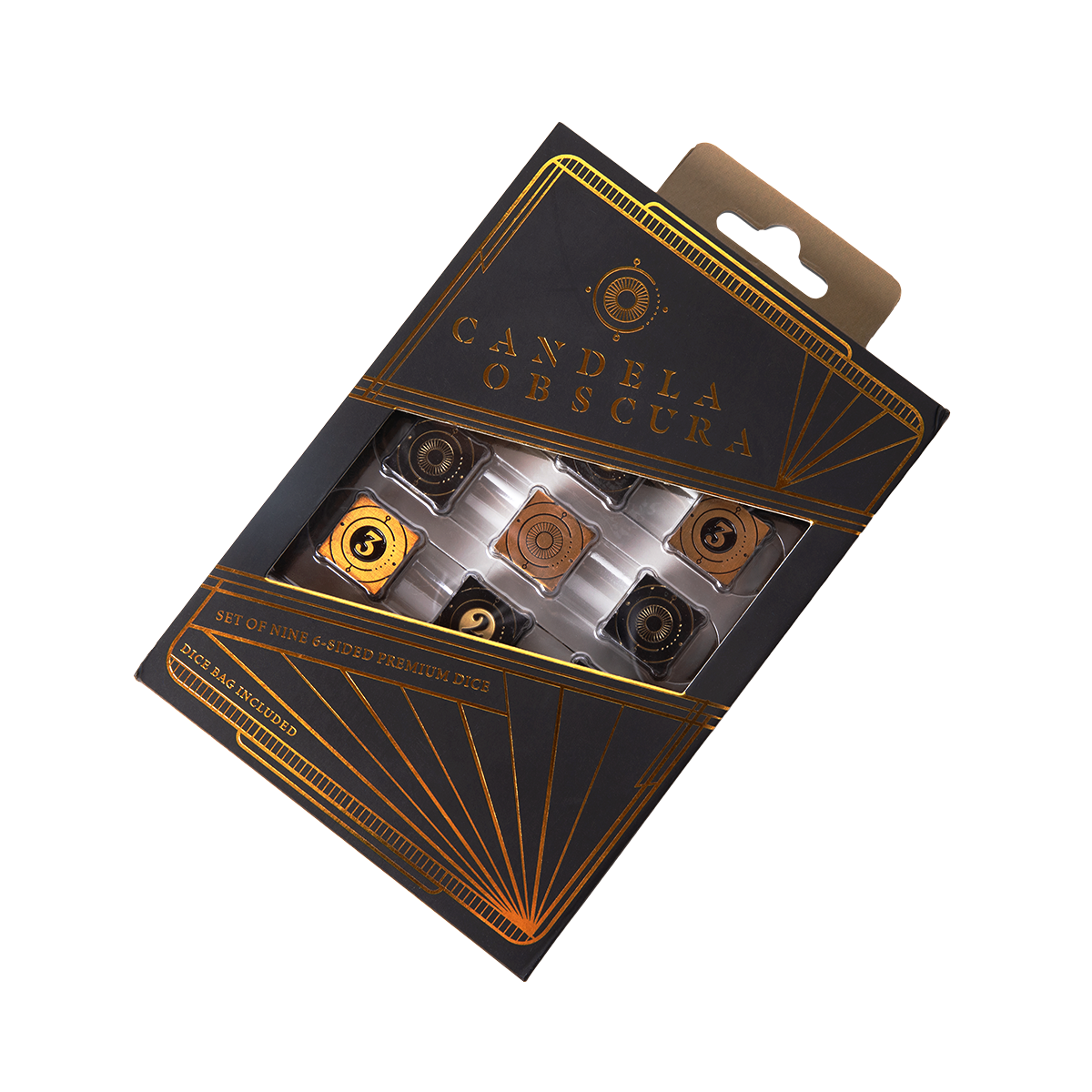 Black and gold "Candela Obscura" dice set box, showing nine 6-sided dice (gold with numbers, black with symbols)