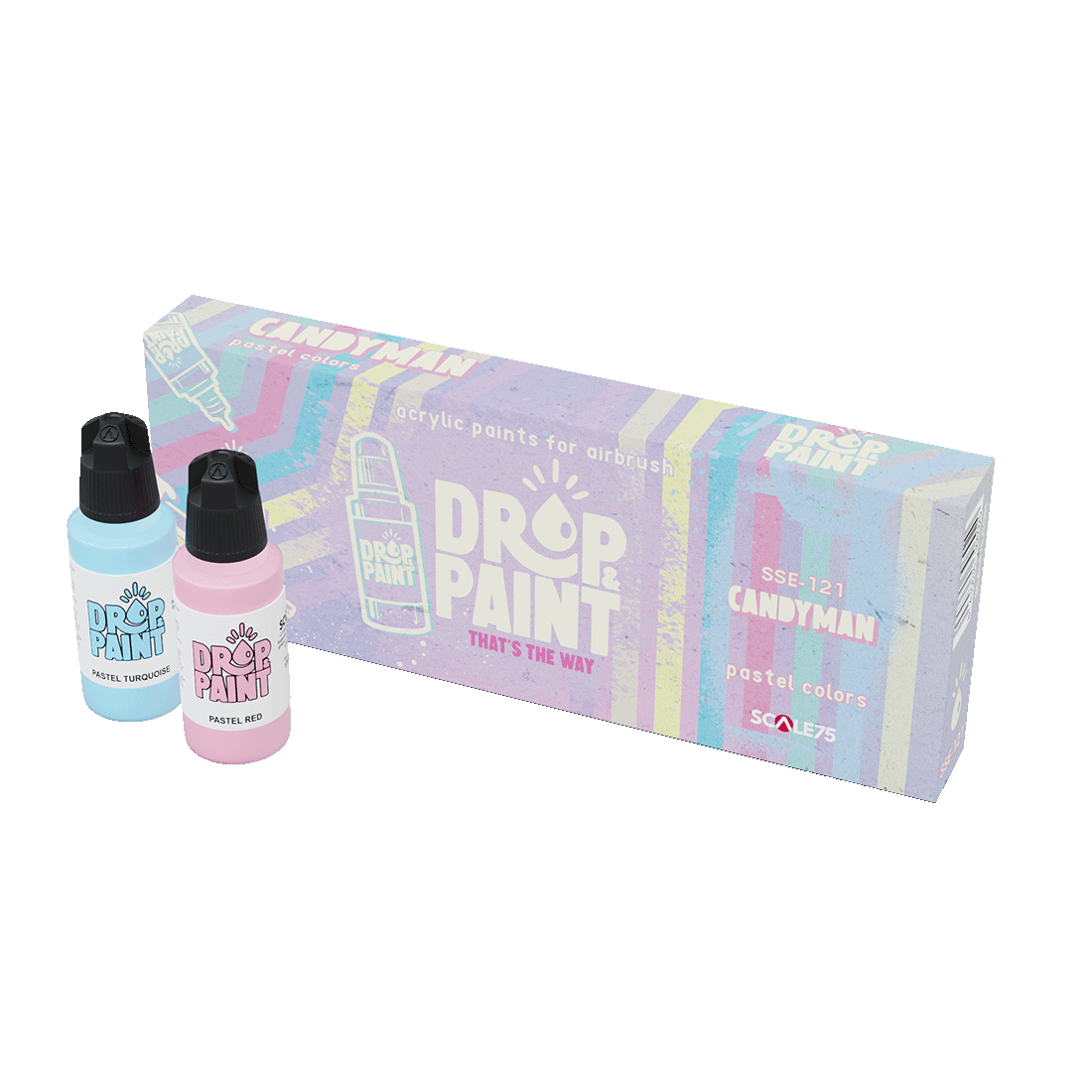 Pastel Candyman acrylic airbrush paint set box with two Drop Paint bottles: pastel turquoise and pastel red