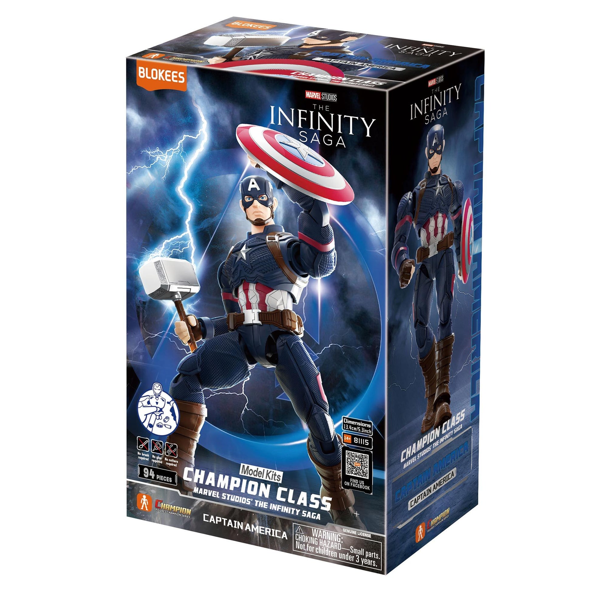 Captain America 'Champion Class' model kit box, showing Cap holding Mjolnir and his shield amid lightning