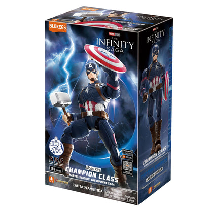 Captain America 'Champion Class' model kit box, showing Cap holding Mjolnir and his shield amid lightning